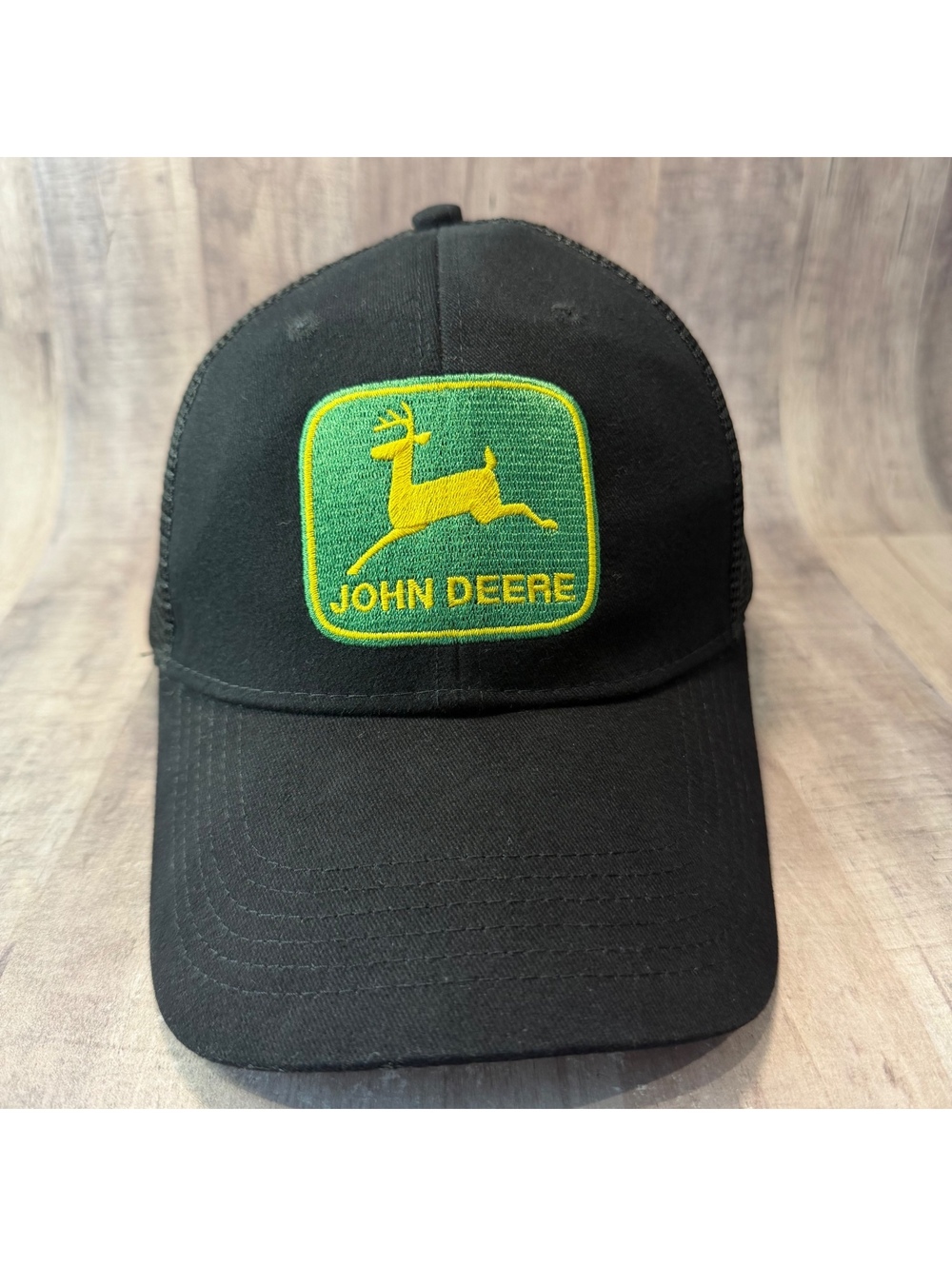 John Deere Black & Green Trucker Cap Mesh Back Snapback Large Logo Hat Farm